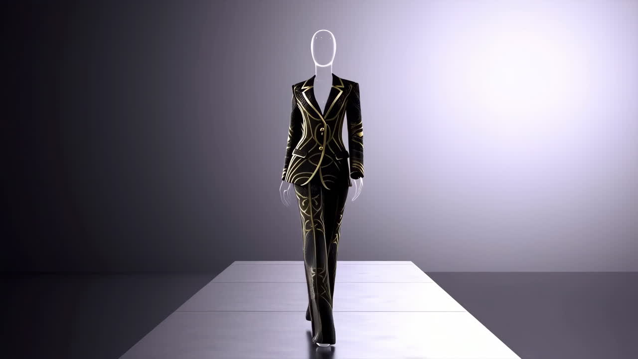 Elegant Black and Gold Patterned Suit on Mannequin on a Runway