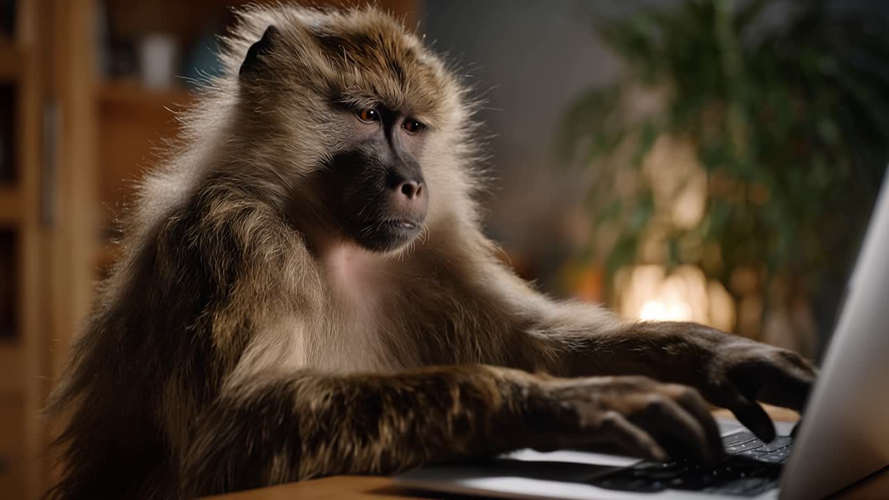 En abe taster febrilsk på et laptop-tastatur. Dens mund åbner sig vidt i et halvt gab. Udtrykket skifter fra træt til fokuseret. Mørkt rum med varmt baggrundslys. Ideel til komiske tech- eller kontorscener.
