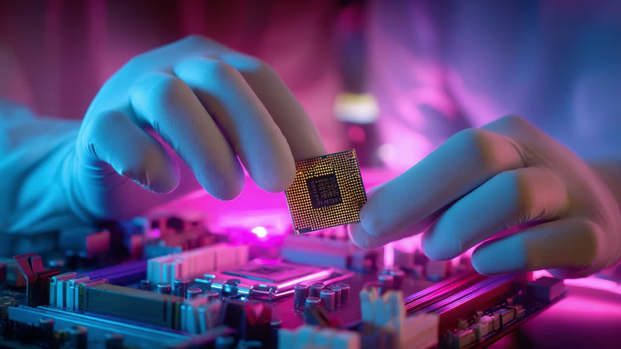 A hands-on demonstration of computer hardware assembly showcasing a specialized electronic chip being carefully placed onto a motherboard, emphasizing the intricate design and technology involved in modern computing