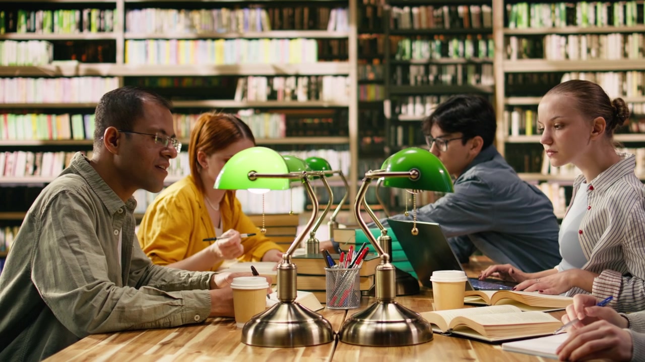 Classmates and tutor in study group working with open books at library desk