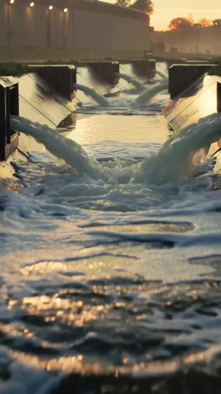 Video verticale: Acqua che sgorga da uscite in un canale di cemento illuminato dal sole, formando schiuma per lo scarico