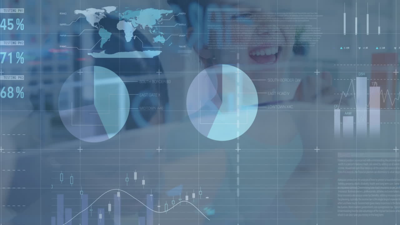 animación del procesamiento de datos financieros sobre una escolar feliz