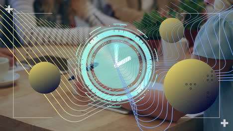 animación de reloj y moléculas sobre la gente studding