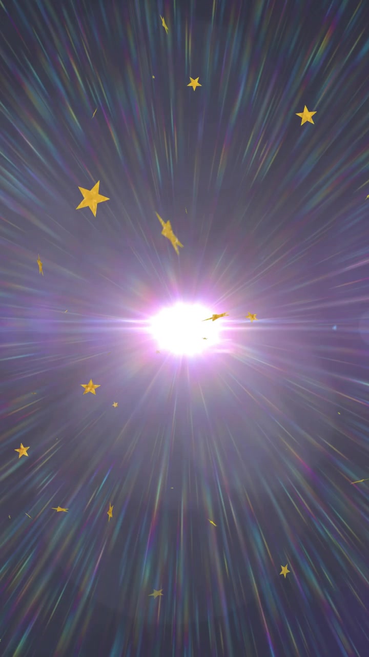 Vertical video: Central burst rising, emitting rays while gold stars orbit and drift to show travel