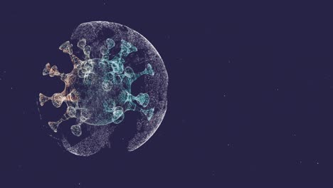 micrografía de escaneo coloreada de algún virus en 3d dentro de una esfera de fallo flotando sobre un fondo azul oscuro.