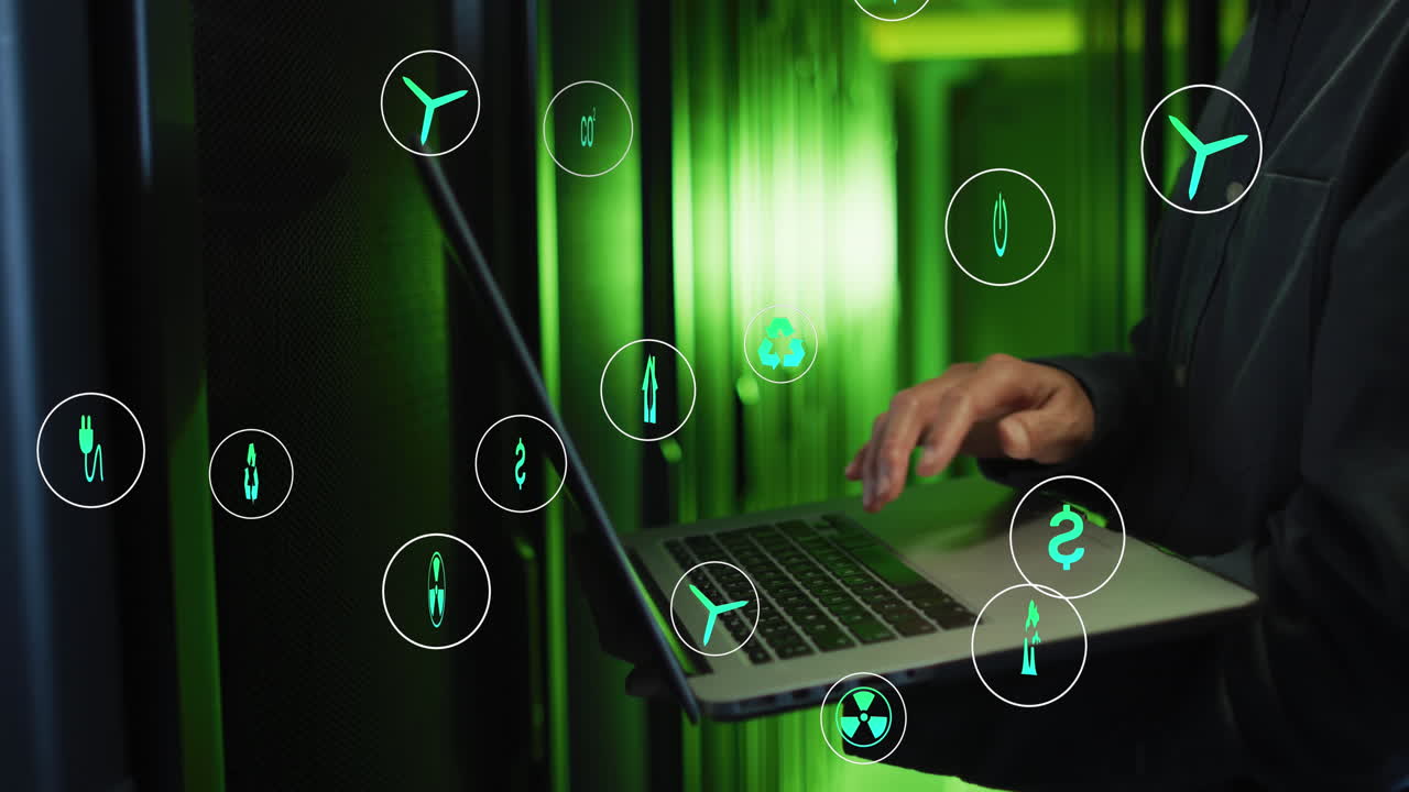 animación de iconos sobre la sección media de un ingeniero masculino biracial trabajando en una computadora portátil en la sala de servidores