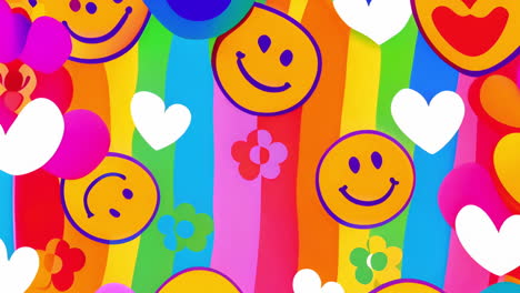 smiley faces and hearts animation over colorful rainbow background with flowers