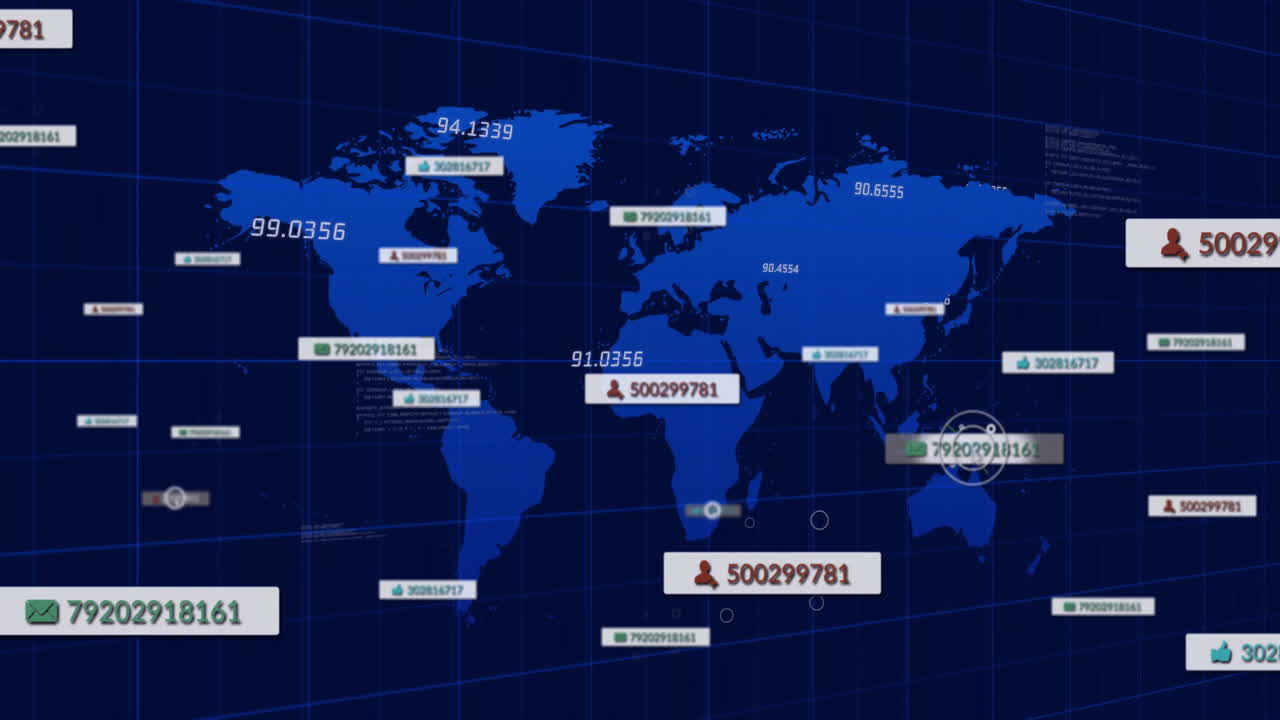 Visualizing blue world map on grid-based floating labels and user icons thumbs-up envelope icons