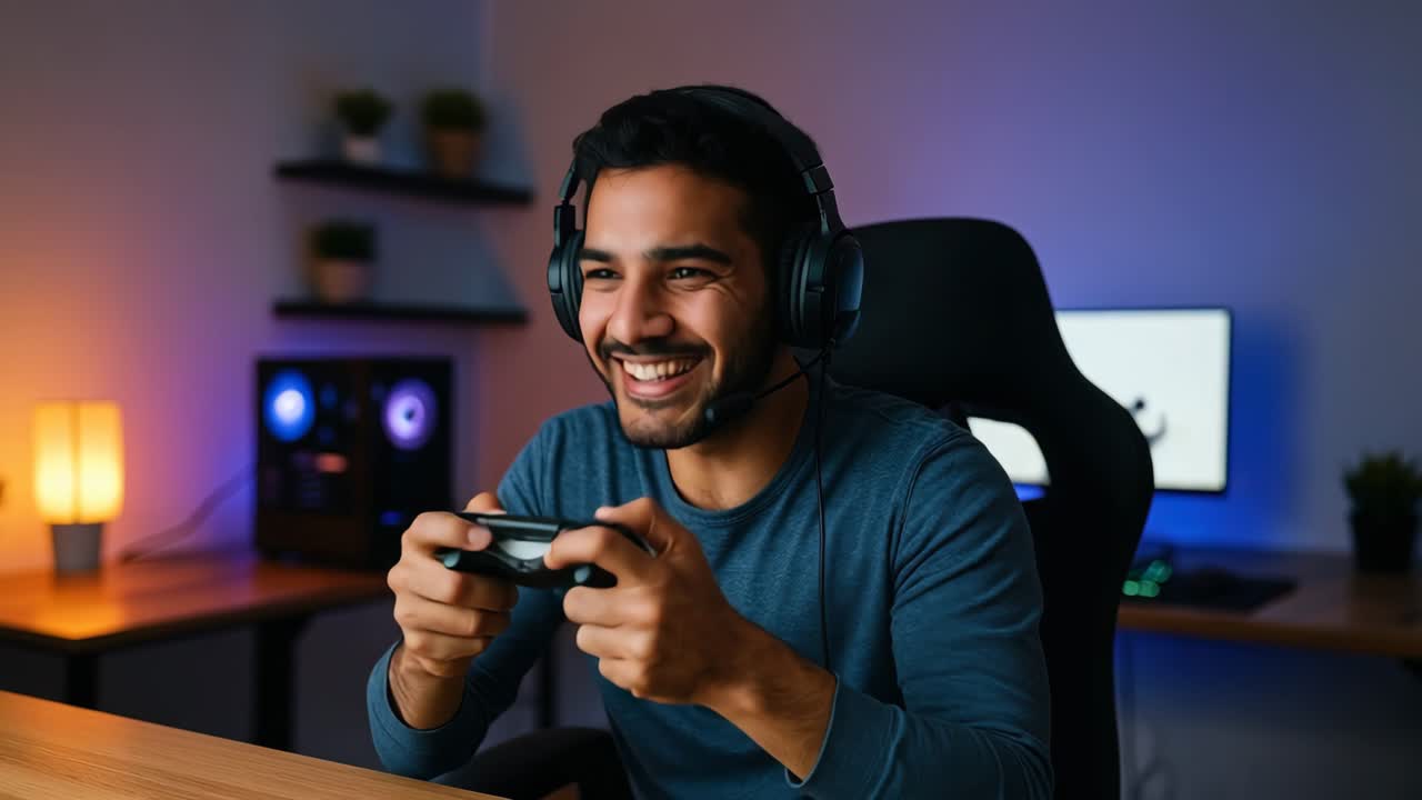 Um homem desfrutando de um videogame, capturado em close-up. O quarto está suavemente iluminado, criando um ambiente aconchegante