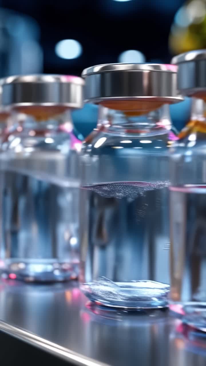 A Series of Stunning Glass Vials Containing Clear Liquid, Captured in Two Distinct Frames Within an Ambient Setting, Showcasing Their Shine and Clarity