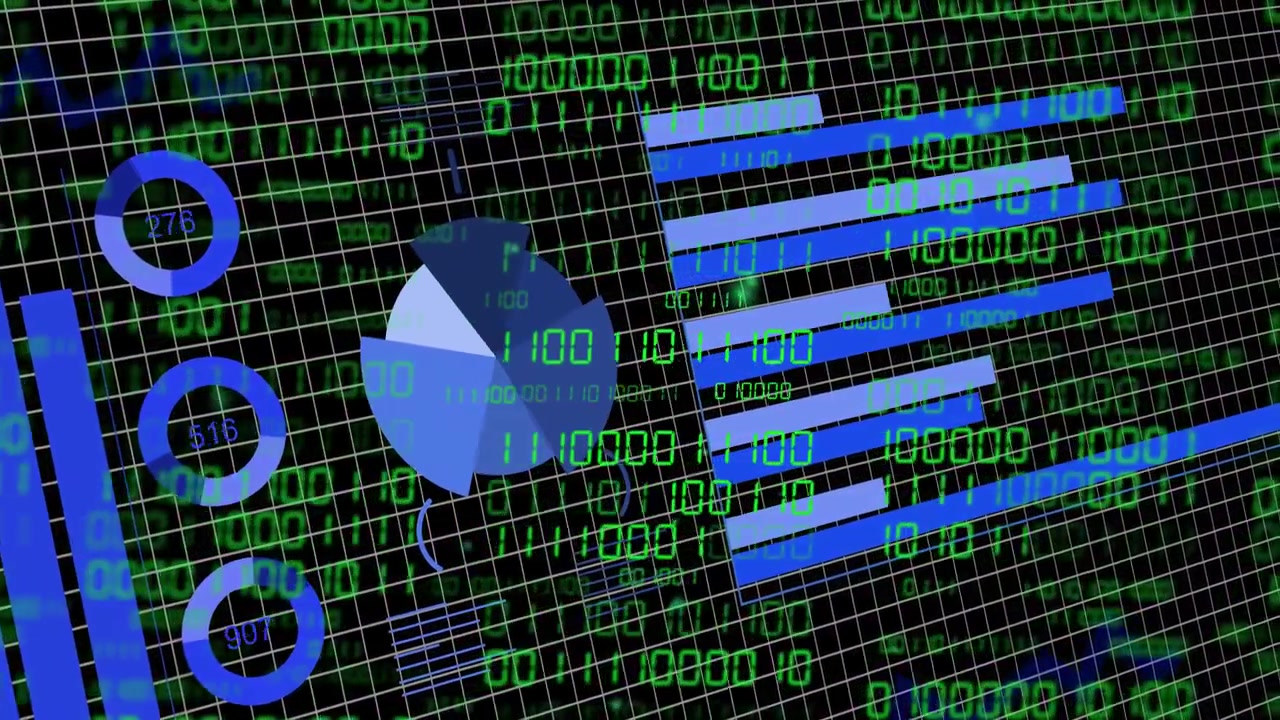 Scrolling binary digits starting motion, charts rotating and bars shifting showing data updates