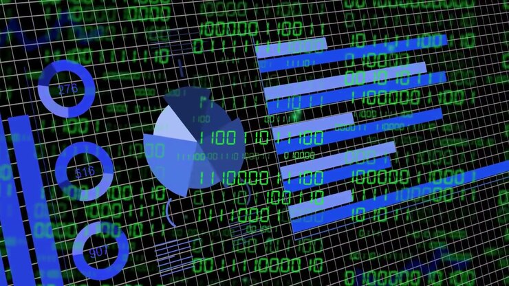 Dígitos binarios desplazándose, iniciando movimiento; gráficos girando y barras moviéndose para mostrar actualizaciones de datos.