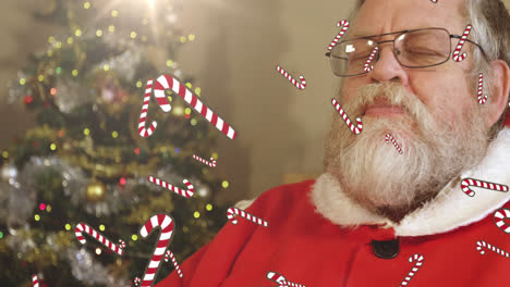 animation of candy canes falling over santa drinking milk at christmas