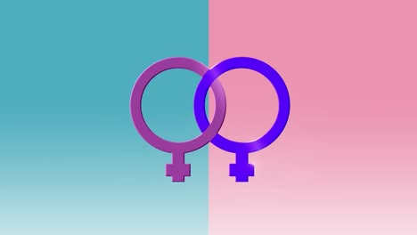 Animation-of-two-linked-female-gender-symbols-on-blue-and-pink-background