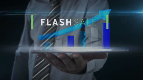 holding tablet, businessman with tie showing bar chart and flash sale animation