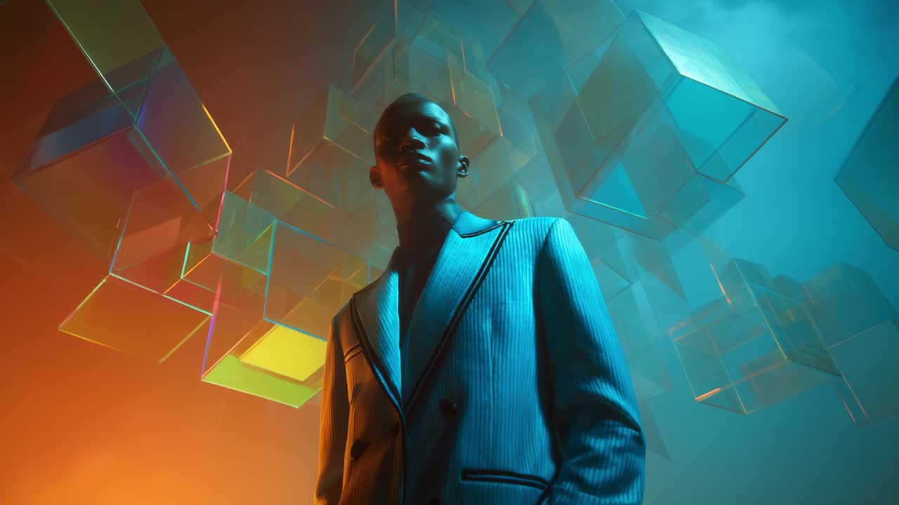 Stunning Visuals of a Fashionable Model Posing Elegantly Amidst an Artistic Display of Colorful Geometric Shapes in a Dramatic Lighting Concept Showcasing Modern Trends and Style
