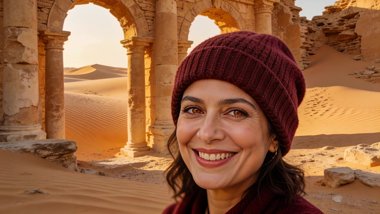Camera recording woman posing smiling tilting head at desert ruins sunset maroon beanie, copy space