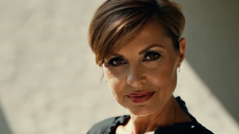 close up of a smiling businesswoman with brown hair and brown eyes, showcasing her makeup. the expression radiates confidence and positivity in a professional setting