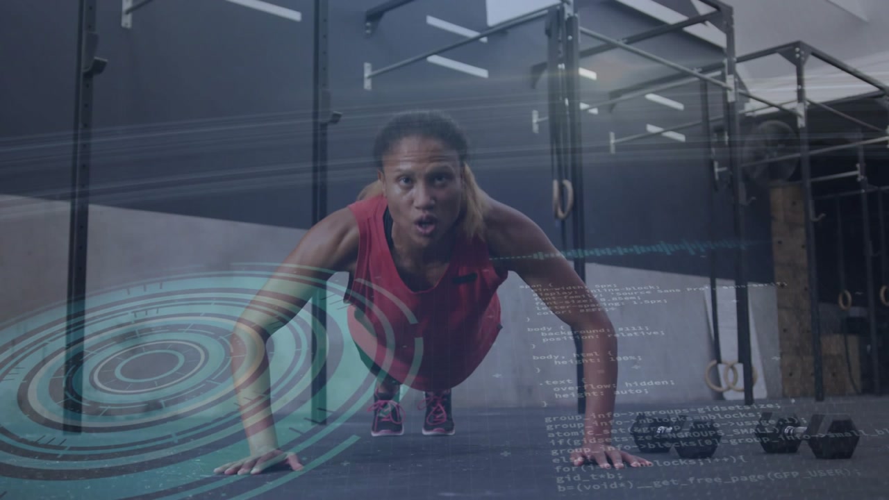 Vertical video: Woman doing push-ups training, starting lowering, pressing, HUD sweeping over woman