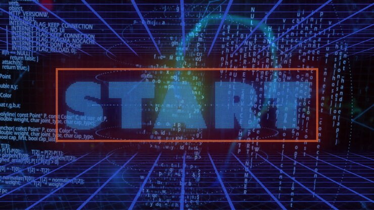 Digital START text with coding elements and blue grid background animation