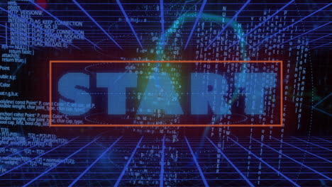 Digital START text with coding elements and blue grid background animation