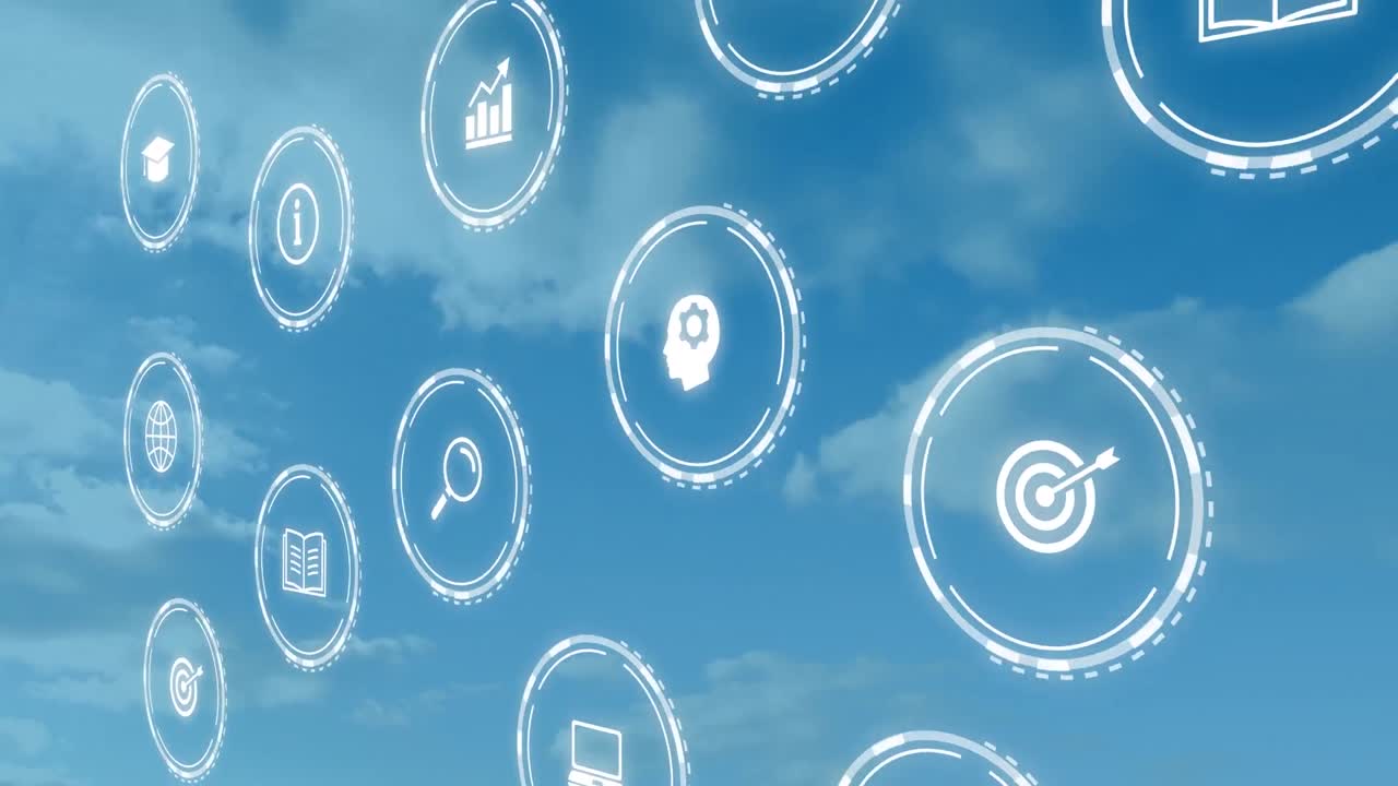 Animation of falling education icons over blue cloudy sky