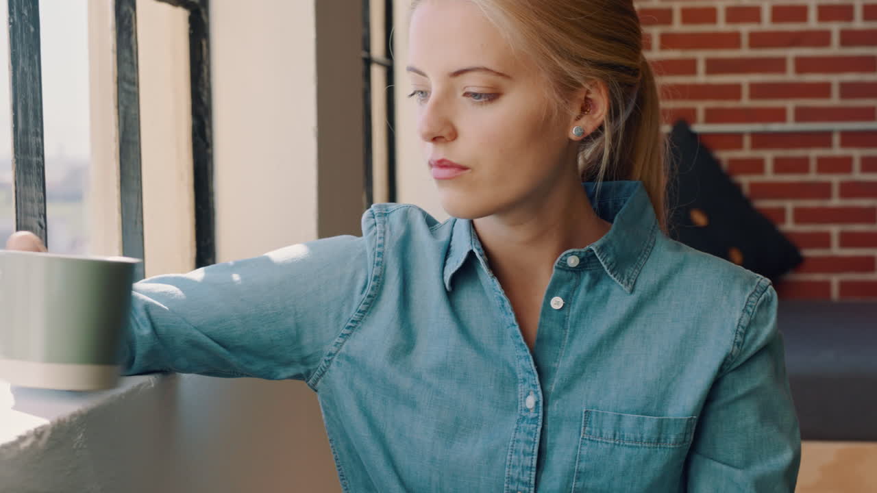 Stress, ansia o donna pensierosa che beve caffè