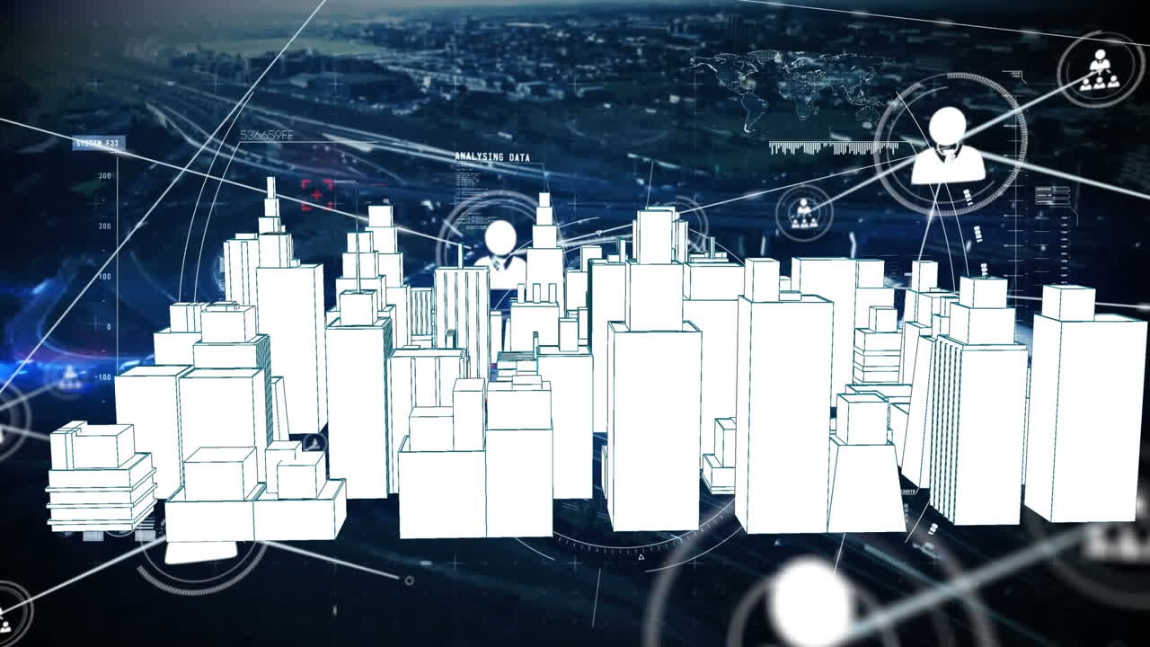 도시 풍경 위의 사람 아이콘과의 연결 네트워크의 애니메이션