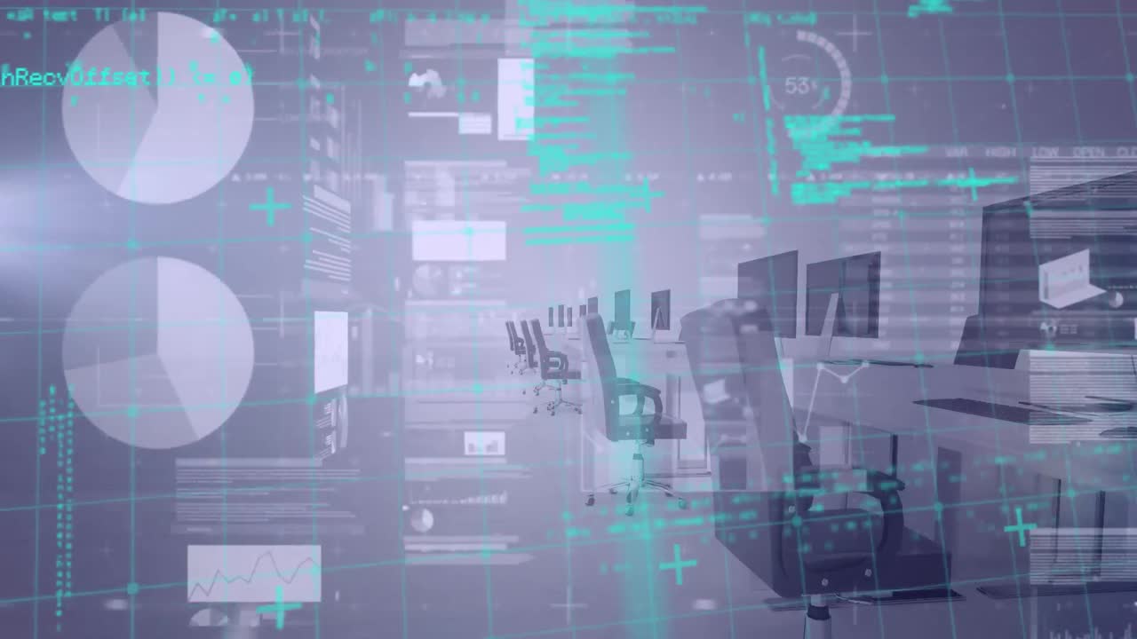 Animation of financial data processing over empty office