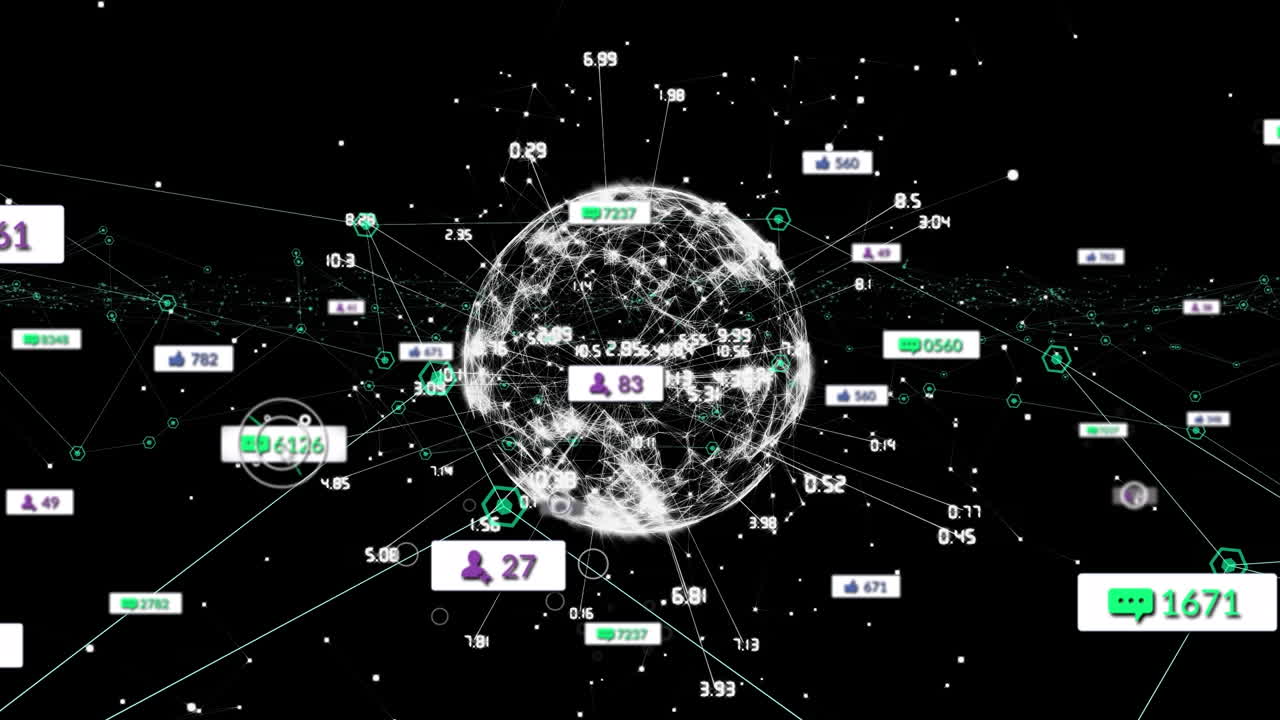 디지털 아이콘 네트워크와 검은색 배경에 회전하는 지구를 통해 소셜 미디어 아이콘의 애니메이션