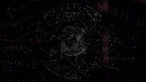 Animation of globe of network of connections and mathematical equations against black background