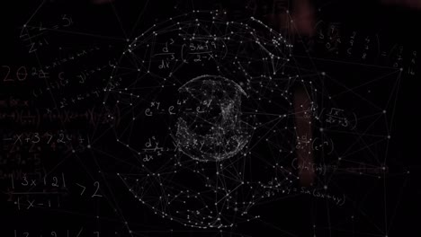 animation of globe of network of connections and mathematical equations against black background