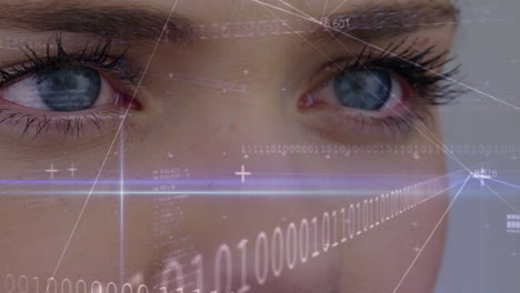 mujeres parpadeando el ojo con datos digitales en primer plano