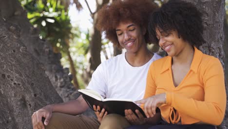feliz pareja negra sentada mirando el libro en el árbol