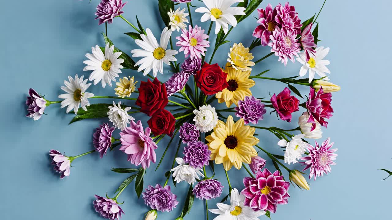 Draufsicht auf farbenfrohe Blumen, die auf einem blauen Hintergrund angeordnet sind und eine lebendige und künstlerische Szene schaffen