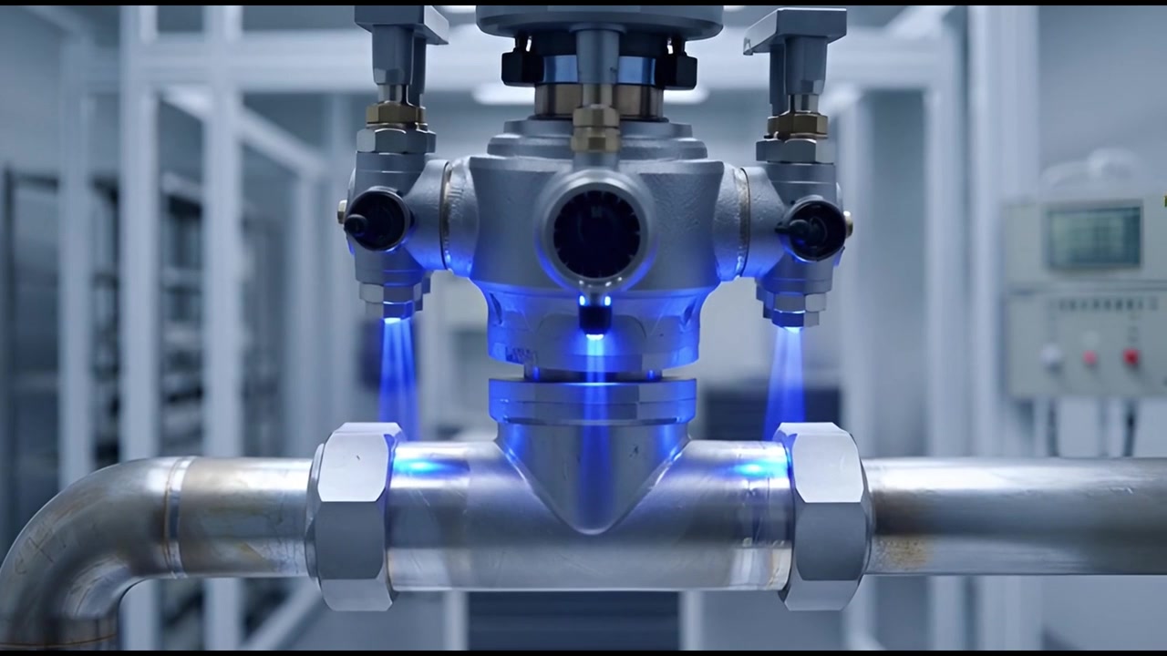 Close-up of Advanced Industrial Valve Emitting Blue Plasma Light