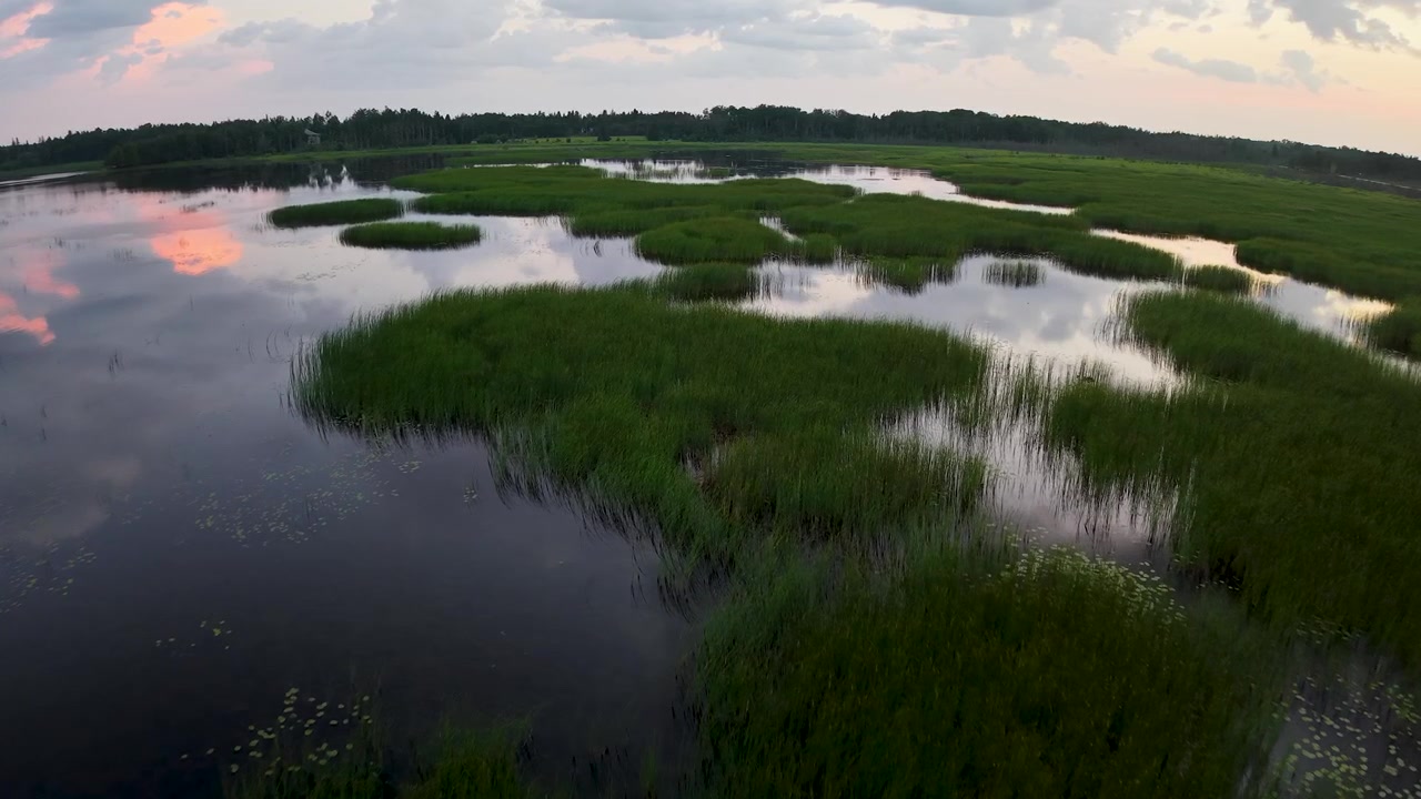 Aerial view reveals rounded islands of marsh grass separated by calm reflective water beneath a pastel evening sky near Hessel Michigan.
