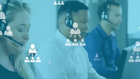 animation of online people icons over diverse business people wearing phone headsets