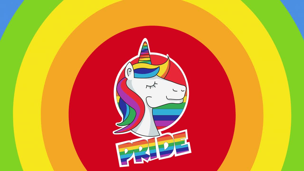 animación del texto del orgullo con unicornio sobre rayas de arco iris