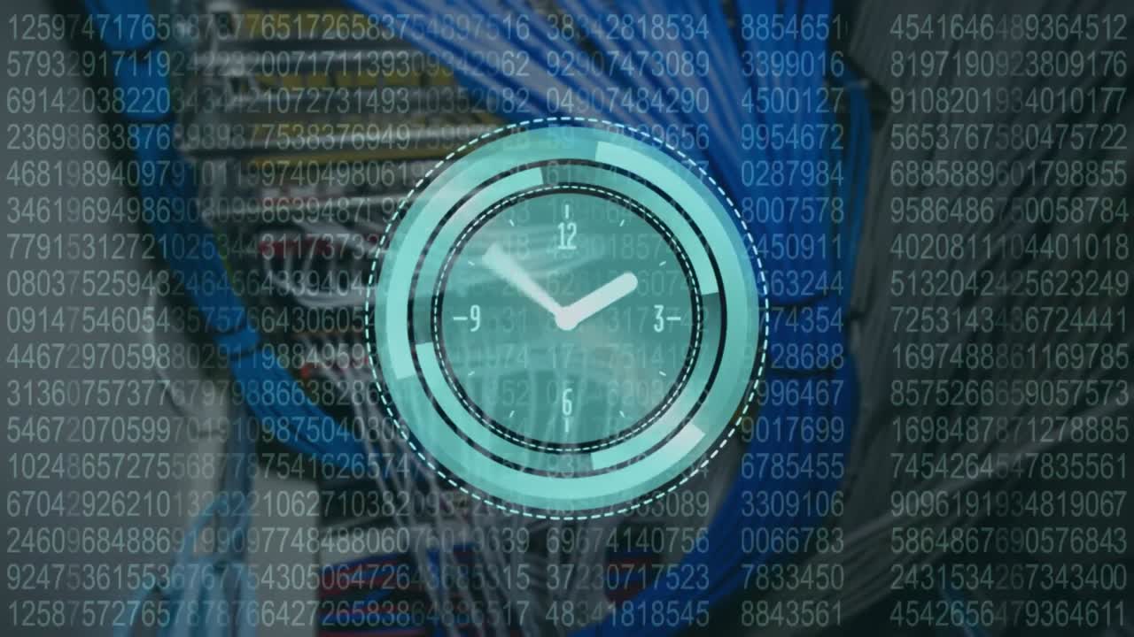 Animation of data processing and moving clock over server