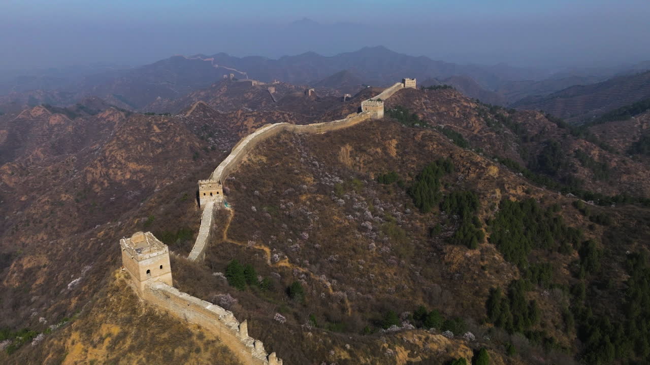 The Jinshanling Great Wall On Luanping In The Northeast of Beijing, China. Aerial Drone Shot