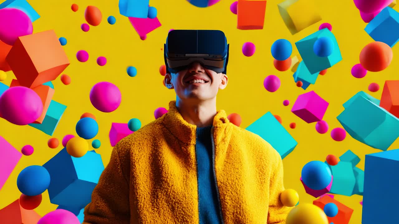A joyful individual wearing virtual reality goggles experiences a colorful digital world filled with vibrant spheres and geometric shapes, embodying the excitement of immersive technology