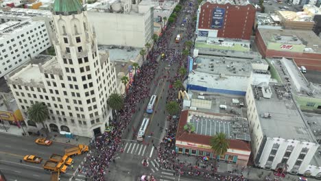 4K-Aerial,-June-2023,-LA-Pride-Parade-in-Hollywood,-California,-USA