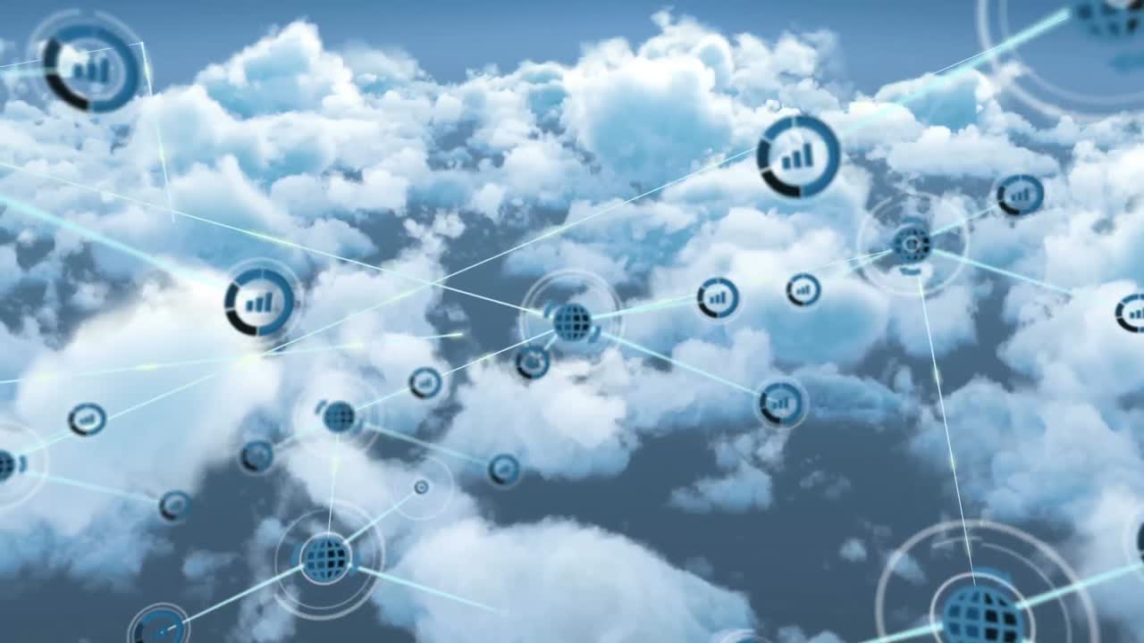 구름이 있는 하늘 위의 아이콘으로 연결된 네트워크의 애니메이션