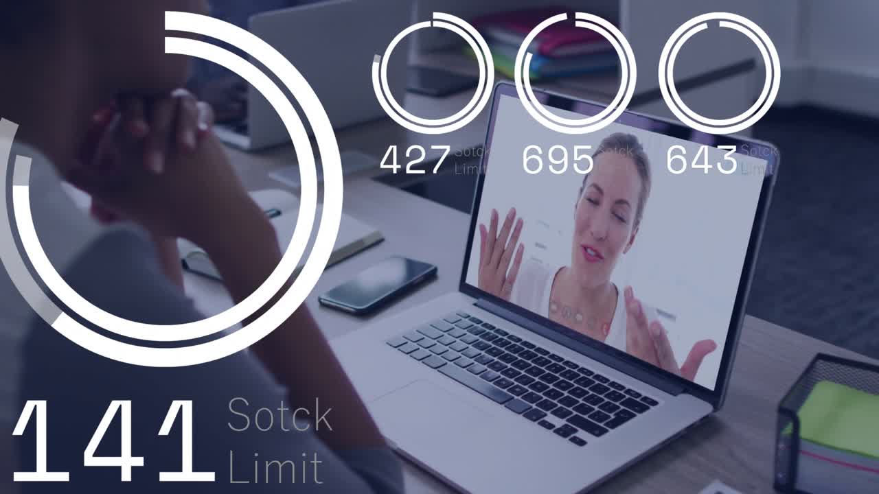 Staffer watching laptop finance call, host speaking and driving ring meters tracking live metrics