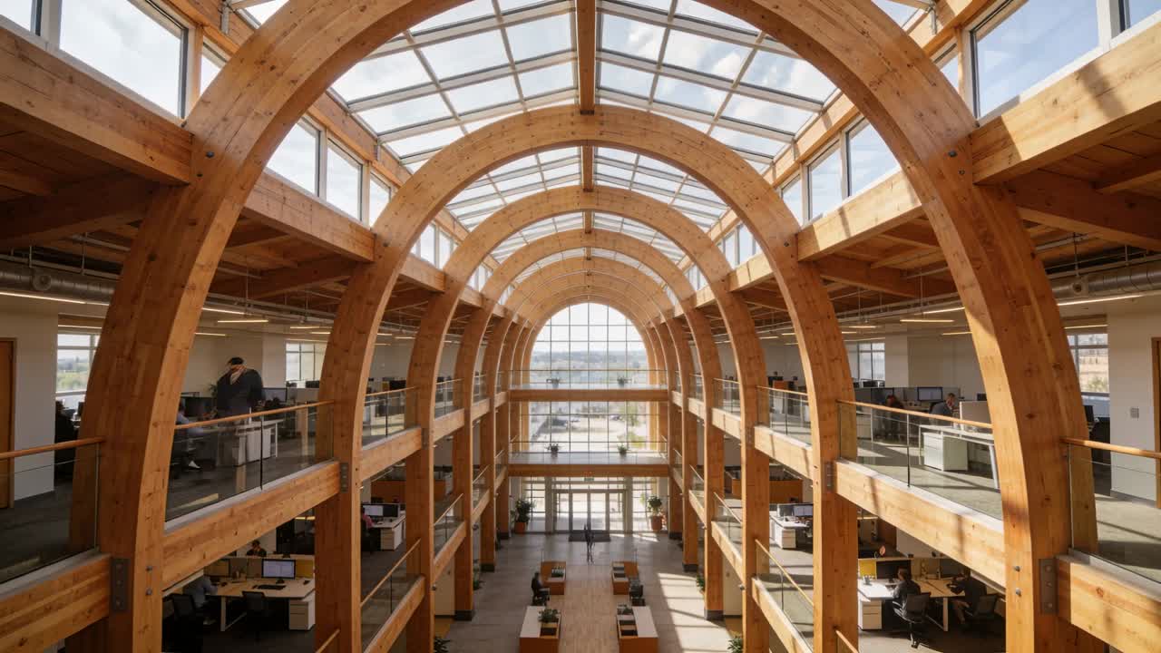 Wandelende personeelsleden in jasjes en pantalons, die zich door een atrium met houten bogen bewegen, geactiveerd bij binnenkomst