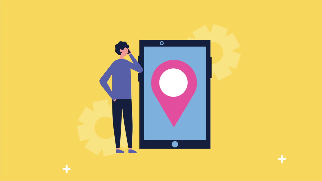 hombre con teléfono inteligente y pin ubicación medios sociales