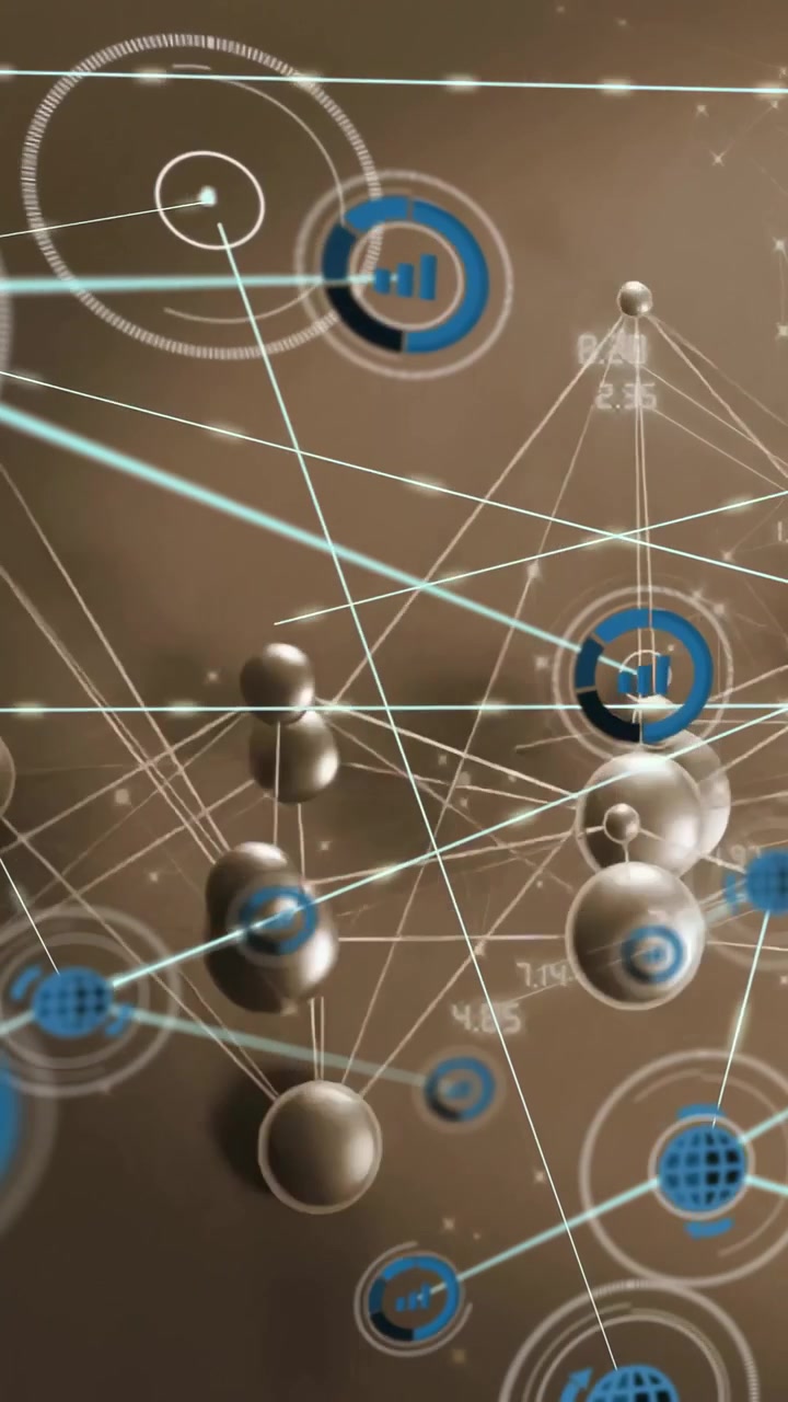 Video verticale: Telecamera che si sposta, sfere metalliche che si focalizzano, icone blu che si muovono, visualizzando metriche