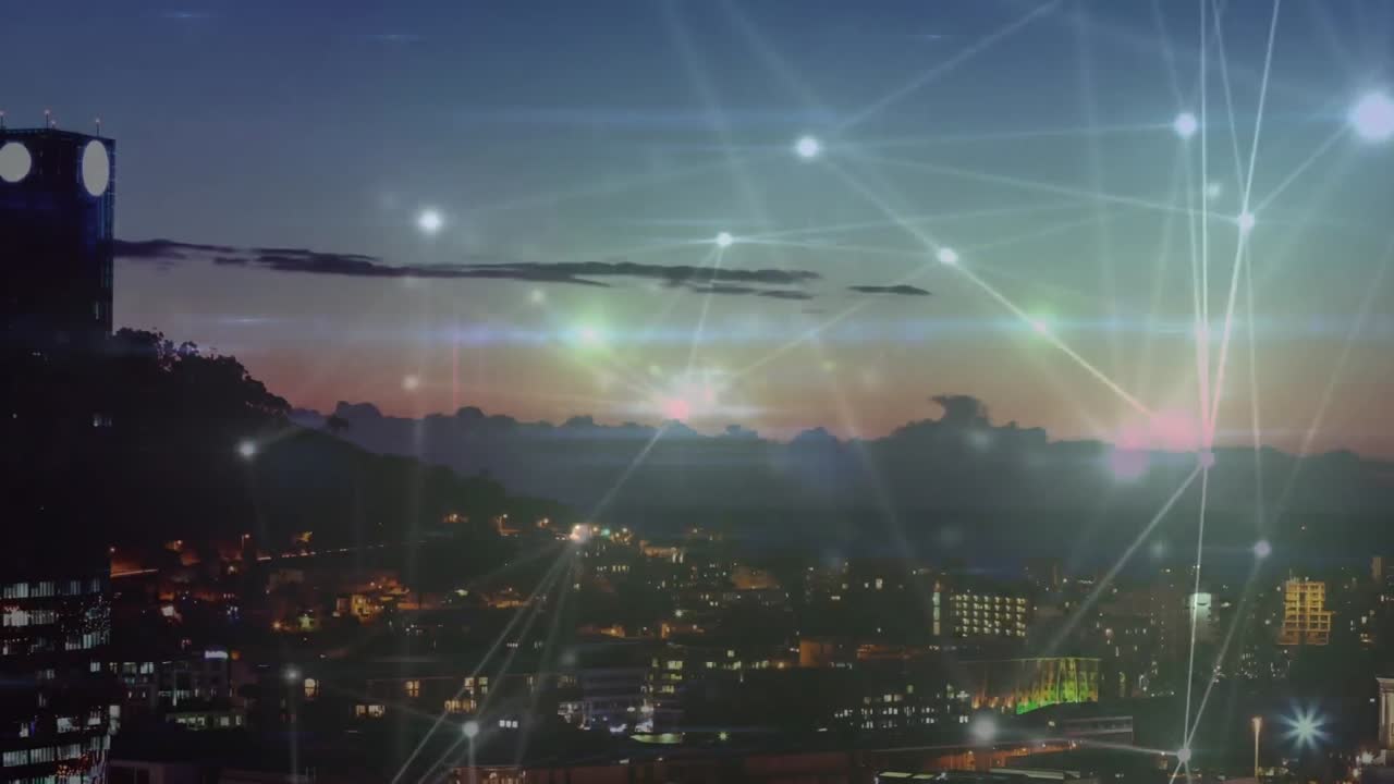 都市風景上の接続ネットワークのアニメーション