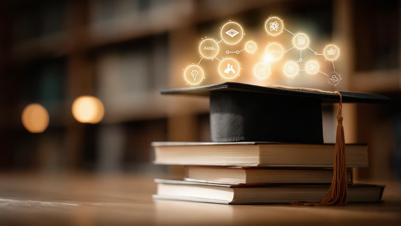 A Graduation Cap on a Stack of Books Surrounded by Glowing Educational Icons Symbolizing Learning, Knowledge, and Academic Achievement in a Library Setting